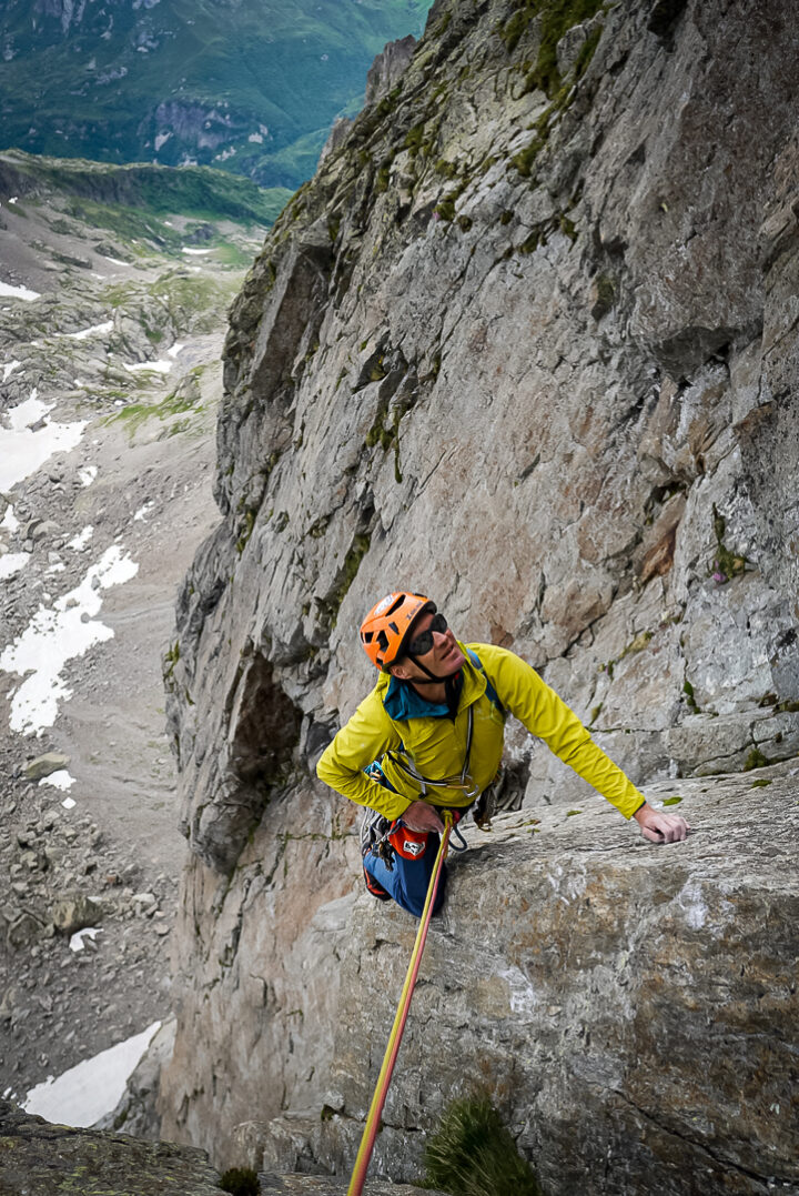 Exposed arête on the last difficult pitch of the route.