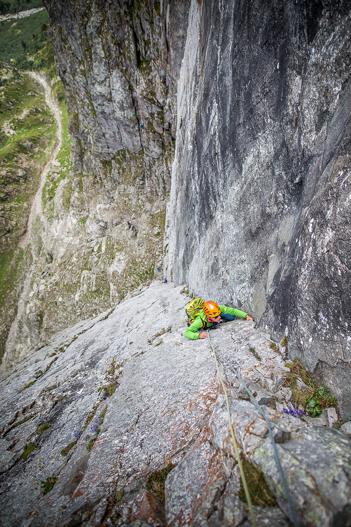 Technical climbing in Ex Libris dihedral.